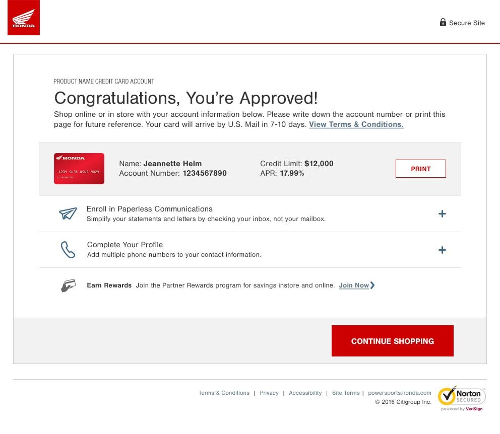 Credit card application approval page for American Honda.