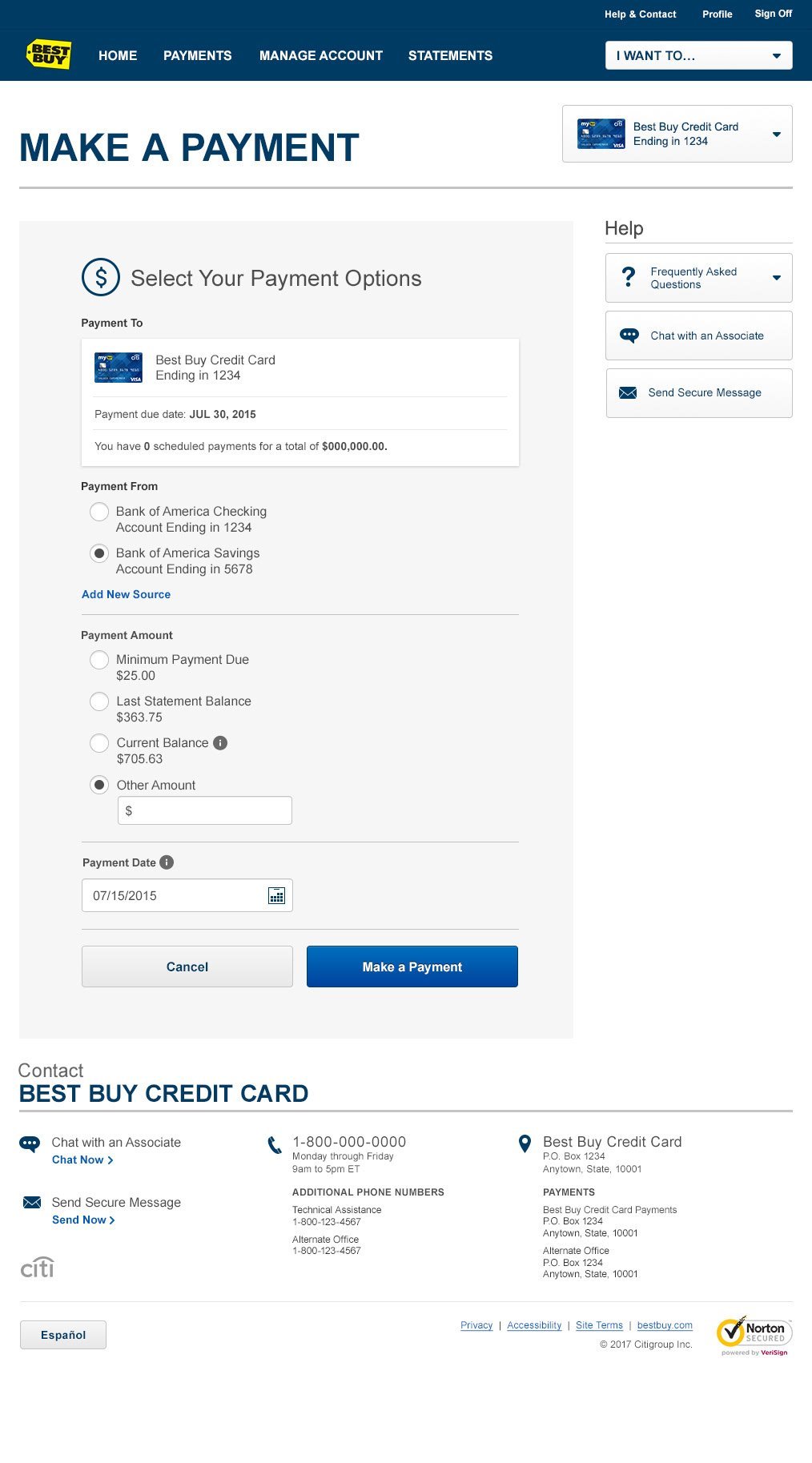 Full-page design for a Best Buy credit card servicing home page