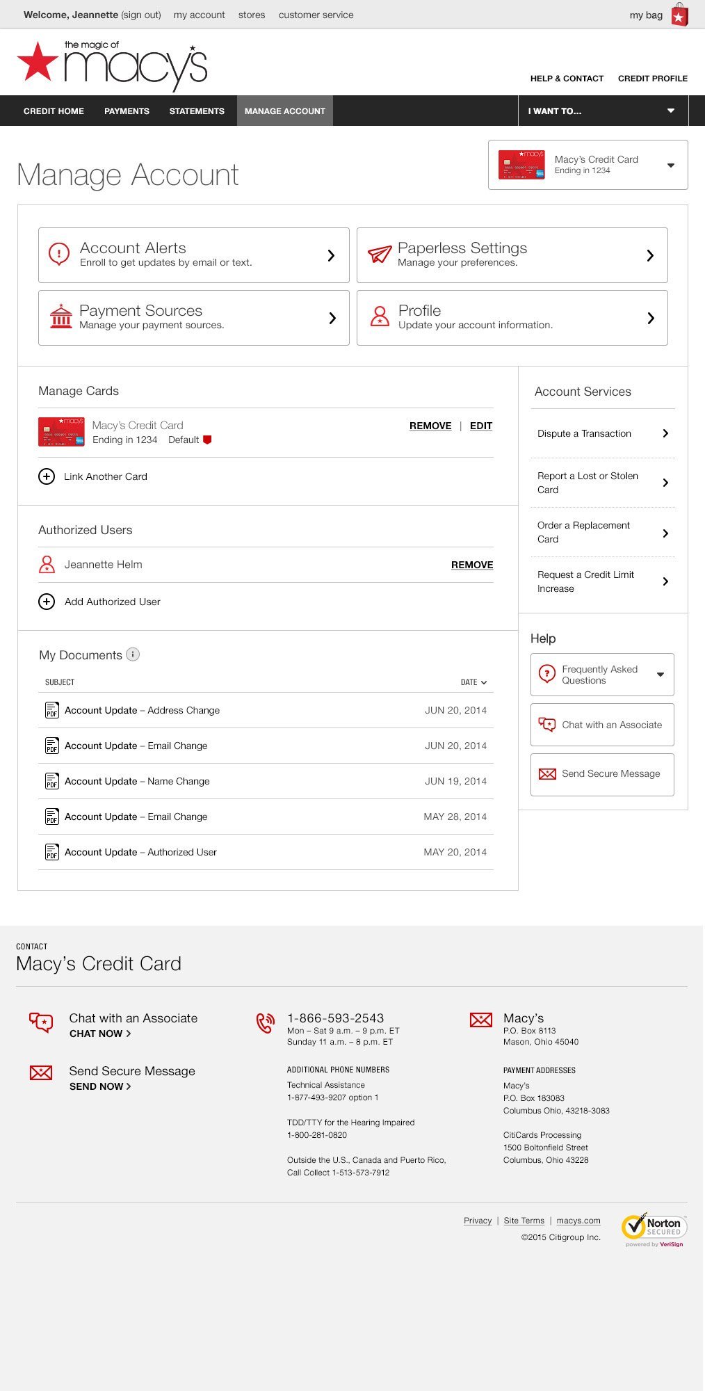 Page design for a Macy's credit card servicing home page.